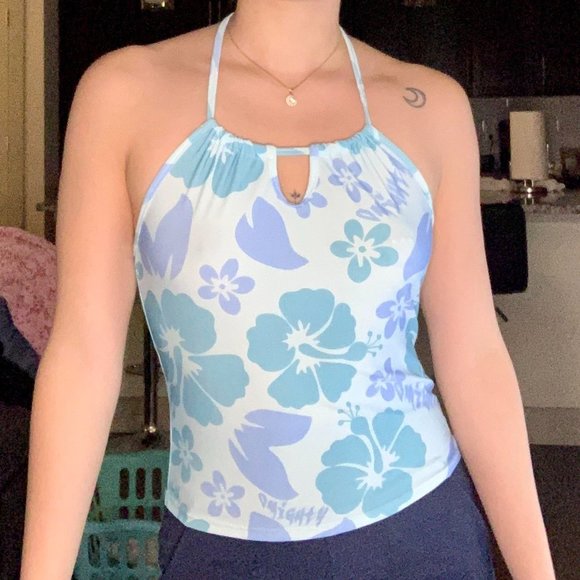 Blue hibiscus pattern OMIGHTY halter top size small - Picture 1 of 4